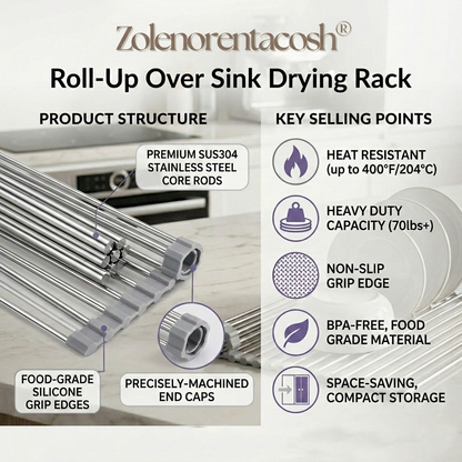 Zolenorentacosh® Roll-Up Over Sink Drying Rack – 17.7" × 15.5" Stainless Steel Kitchen Organizer