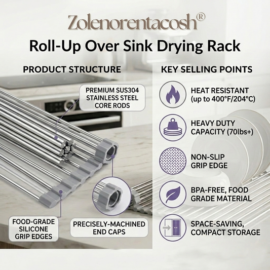 Zolenorentacosh® Roll-Up Over Sink Drying Rack – 17.7" × 15.5" Stainless Steel Kitchen Organizer
