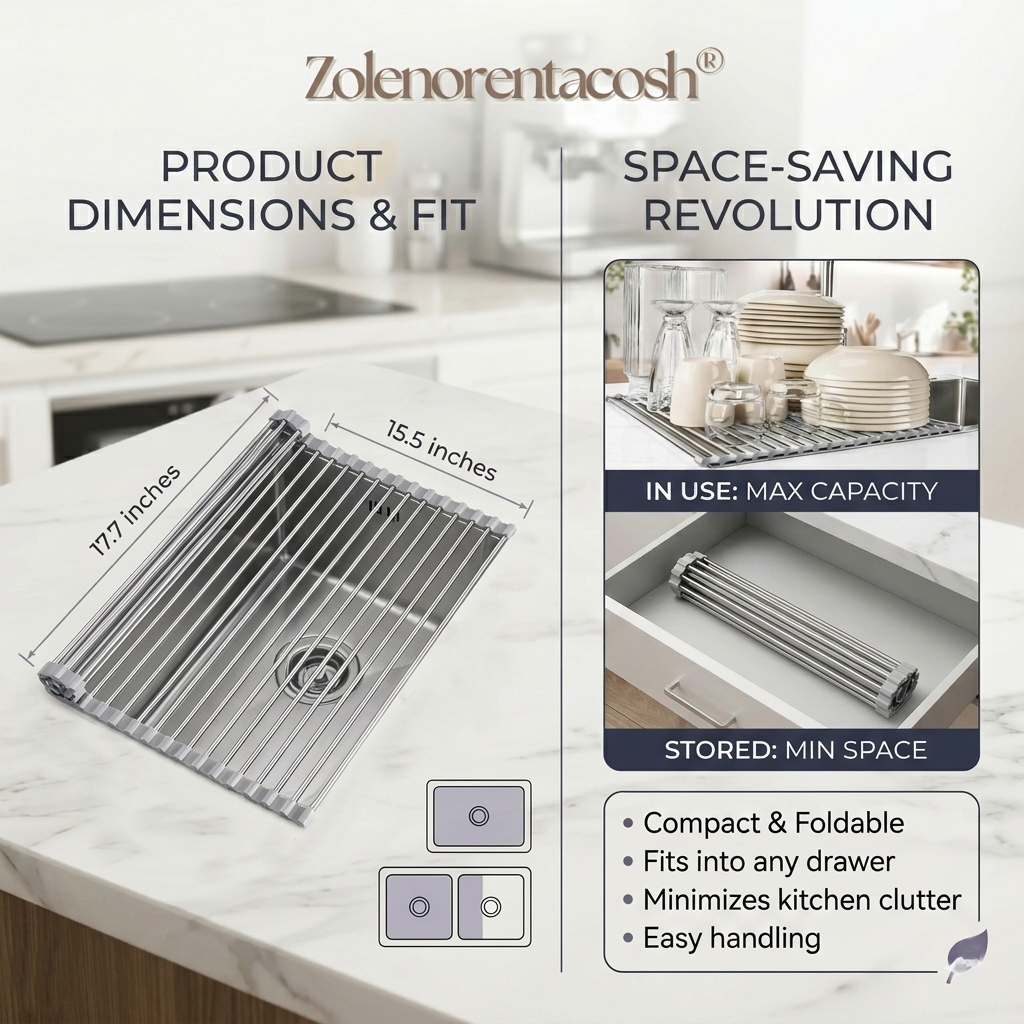 Zolenorentacosh® Roll-Up Over Sink Drying Rack – 17.7" × 15.5" Stainless Steel Kitchen Organizer