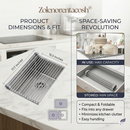 Zolenorentacosh® Roll-Up Over Sink Drying Rack – 17.7" × 15.5" Stainless Steel Kitchen Organizer